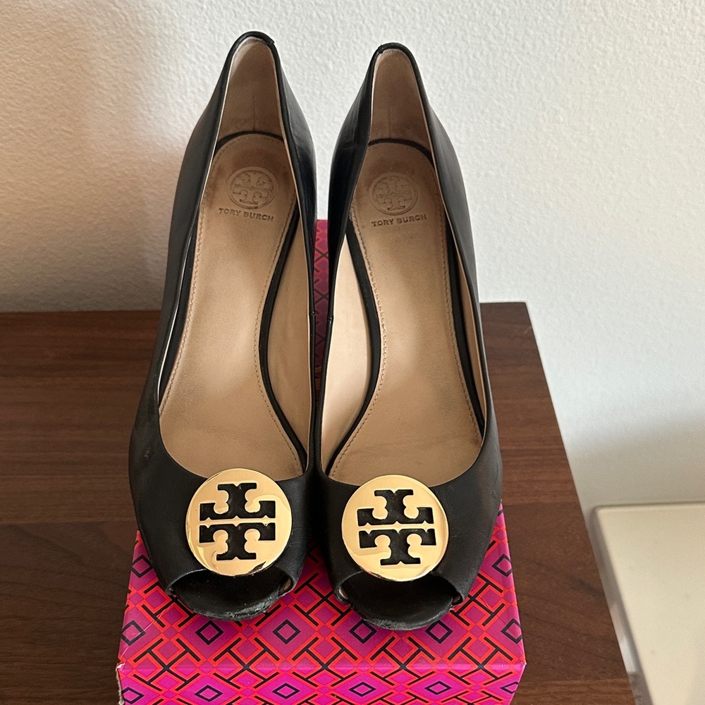 Tory Burch Black Peep-Toe Heels with Gold Accent